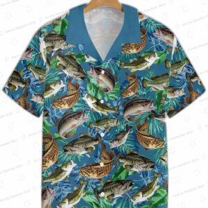 Bass Fishing Tropical Fish Hawaiian Shirt, Blue Green Aloha Button-Up for Angler Vacation Gift