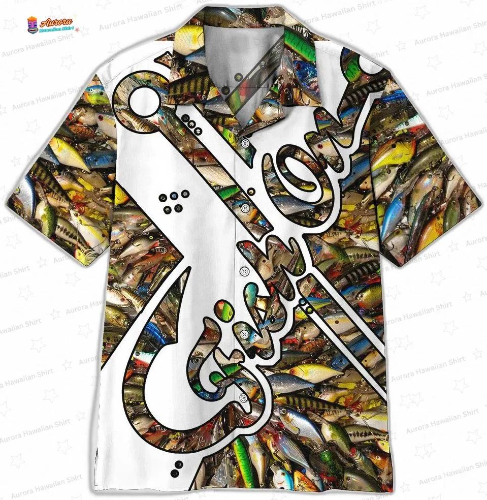 Fishing Script Colorful Fish Hawaiian Shirt, Angler Aloha Button-Up for Lake Beach Vacation Gift Fishing Script Colorful Fish Hawaiian Shirt, Angler Aloha Button-Up for Lake Beach Vacation Gift