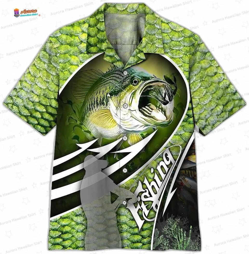 Green Bass Fish Hawaiian Shirt with Scale Print for Anglers Green Bass Fish Hawaiian Shirt with Scale Print for Anglers