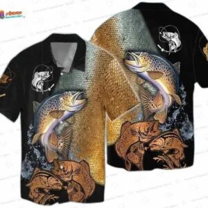Trout Fishing Fish Hawaiian Shirt, Black Angler Aloha Button-Up for Lake Vacation Gift
