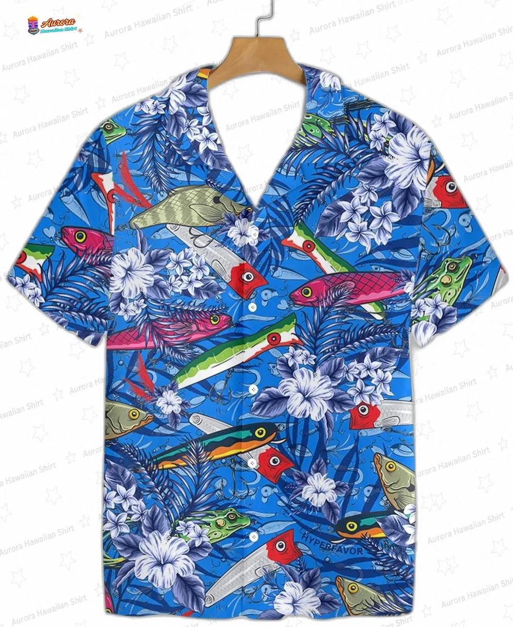 Where Is The Fish Hawaiian Shirt with Blue Lure Print for Anglers Where Is The Fish Hawaiian Shirt with Blue Lure Print for Anglers
