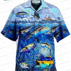 Ocean Fishing Love Fish Hawaiian Shirt, Blue Deep Sea Aloha Button-Up for Angler Vacation Gift