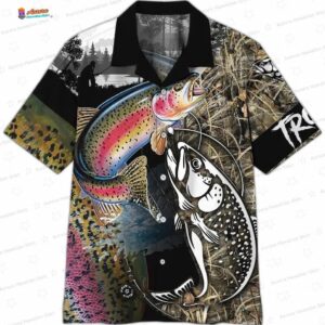Rainbow Trout Fishing Fish Hawaiian Shirt, Black Angler Aloha Button-Up for Lake Vacation Gift