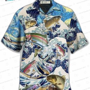 Big Wave Trout Fishing Hawaiian Shirt with Ocean Art for Anglers