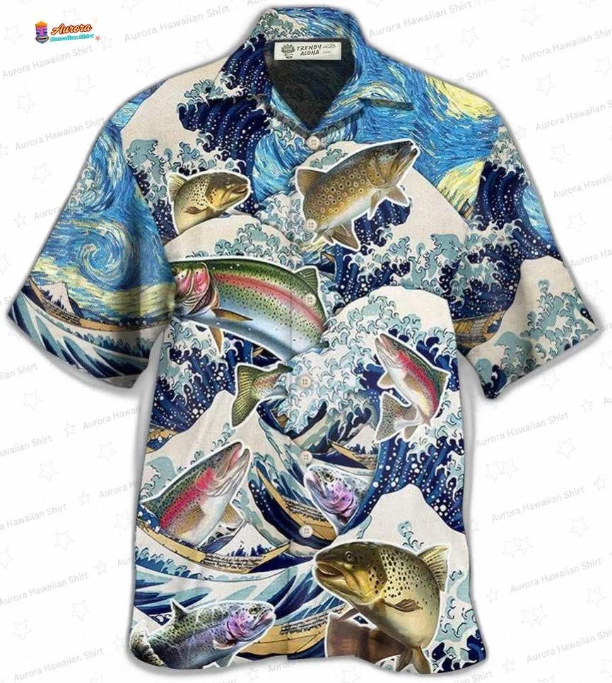 Big Wave Trout Fishing Hawaiian Shirt with Ocean Art for Anglers Big Wave Trout Fishing Hawaiian Shirt with Ocean Art for Anglers