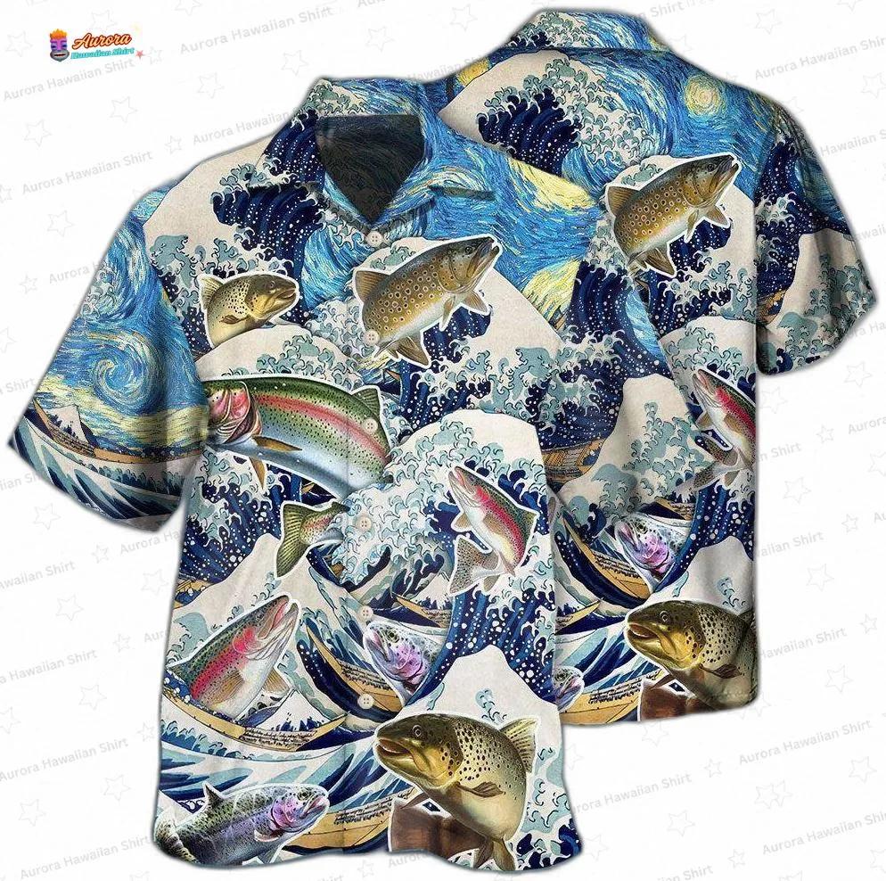 Big Wave Trout Fishing Hawaiian Shirt with Ocean Art for Anglers Big Wave Trout Fishing Hawaiian Shirt with Ocean Art for Anglers