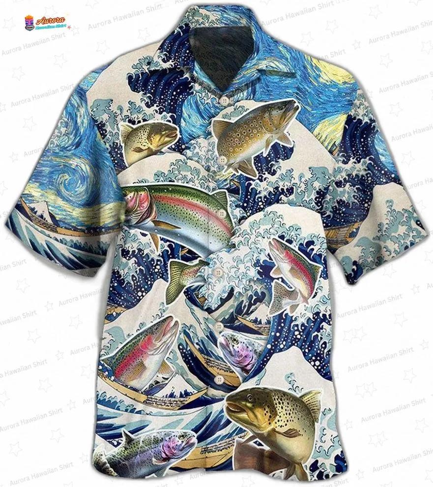 Big Wave Trout Fishing Hawaiian Shirt with Ocean Art for Anglers Big Wave Trout Fishing Hawaiian Shirt with Ocean Art for Anglers