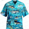 Penguins Holding Fish Pattern Penguin Hawaiian Shirt, Cute Ocean Animal Aloha Button-Up for Family Vacation Gift