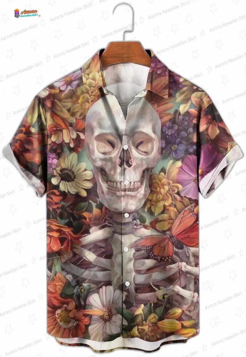 Floral Butterfly Skull Hawaiian Shirt with Gothic Garden Print Floral Butterfly Skull Hawaiian Shirt with Gothic Garden Print