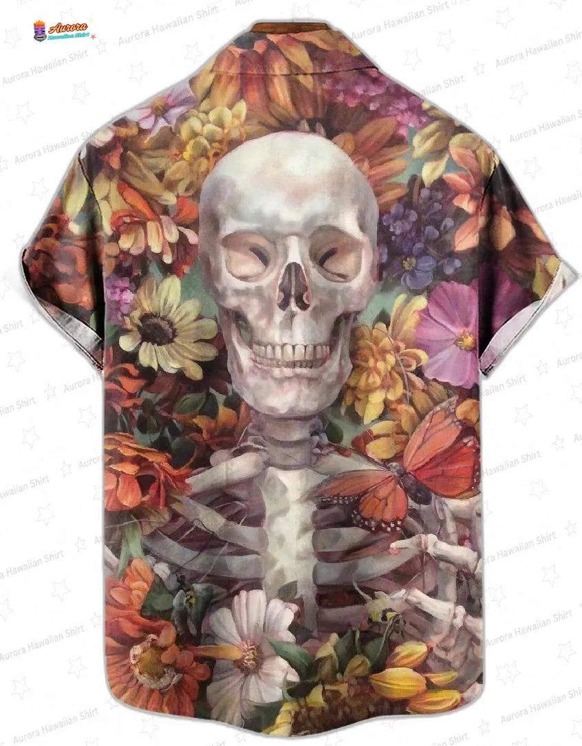 Floral Butterfly Skull Hawaiian Shirt with Gothic Garden Print Floral Butterfly Skull Hawaiian Shirt with Gothic Garden Print