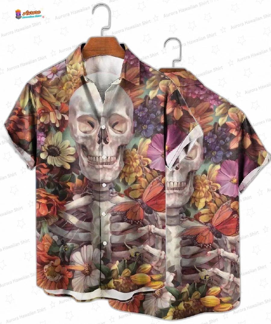 Floral Butterfly Skull Hawaiian Shirt with Gothic Garden Print Floral Butterfly Skull Hawaiian Shirt with Gothic Garden Print