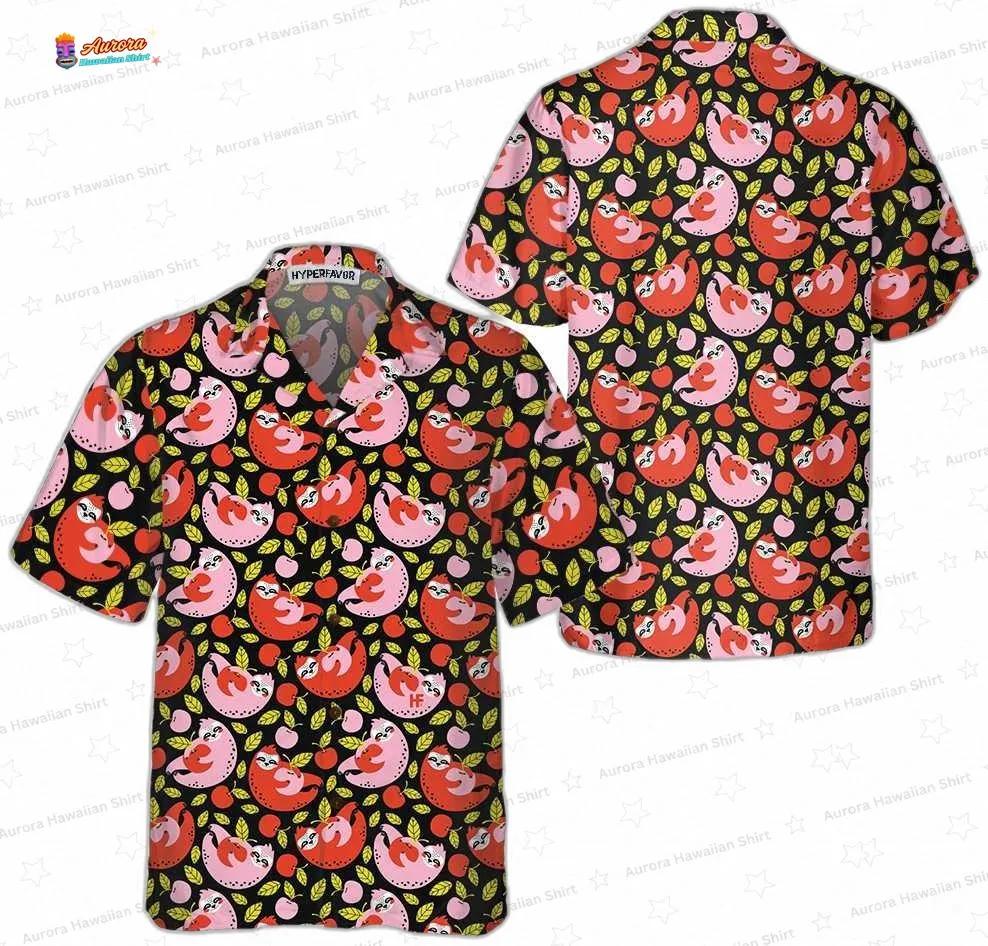 Cherry Grove Sloth Hawaiian Shirt, Black Fruit Pattern Aloha Button-Up for Animal Lover Gift Cherry Grove Sloth Hawaiian Shirt, Black Fruit Pattern Aloha Button-Up for Animal Lover Gift