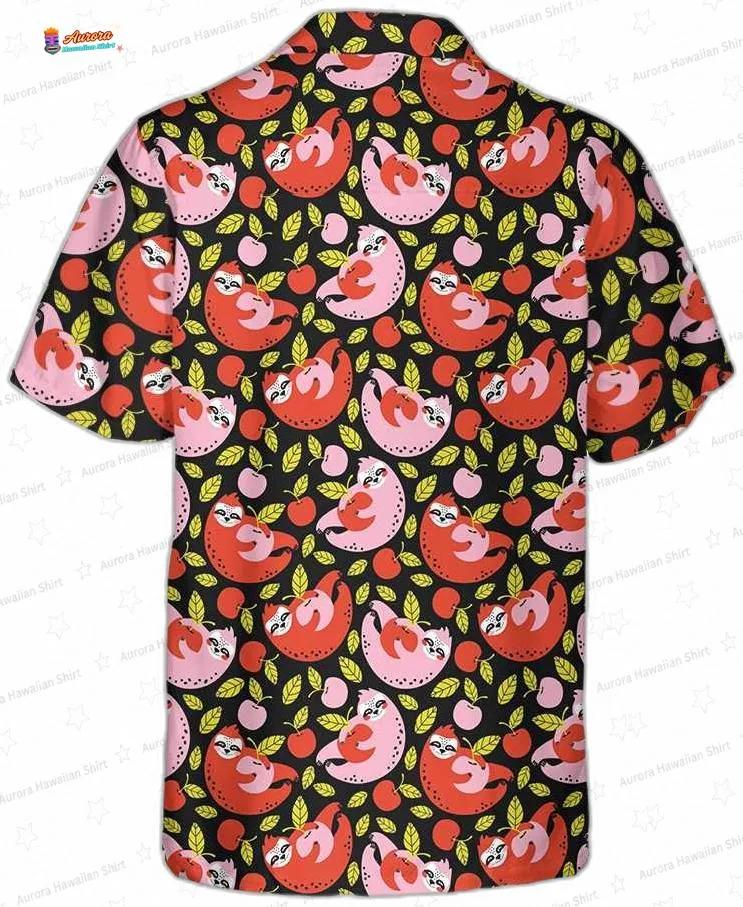 Cherry Grove Sloth Hawaiian Shirt, Black Fruit Pattern Aloha Button-Up for Animal Lover Gift Cherry Grove Sloth Hawaiian Shirt, Black Fruit Pattern Aloha Button-Up for Animal Lover Gift