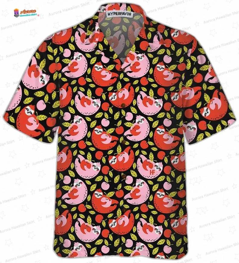 Cherry Grove Sloth Hawaiian Shirt, Black Fruit Pattern Aloha Button-Up for Animal Lover Gift Cherry Grove Sloth Hawaiian Shirt, Black Fruit Pattern Aloha Button-Up for Animal Lover Gift