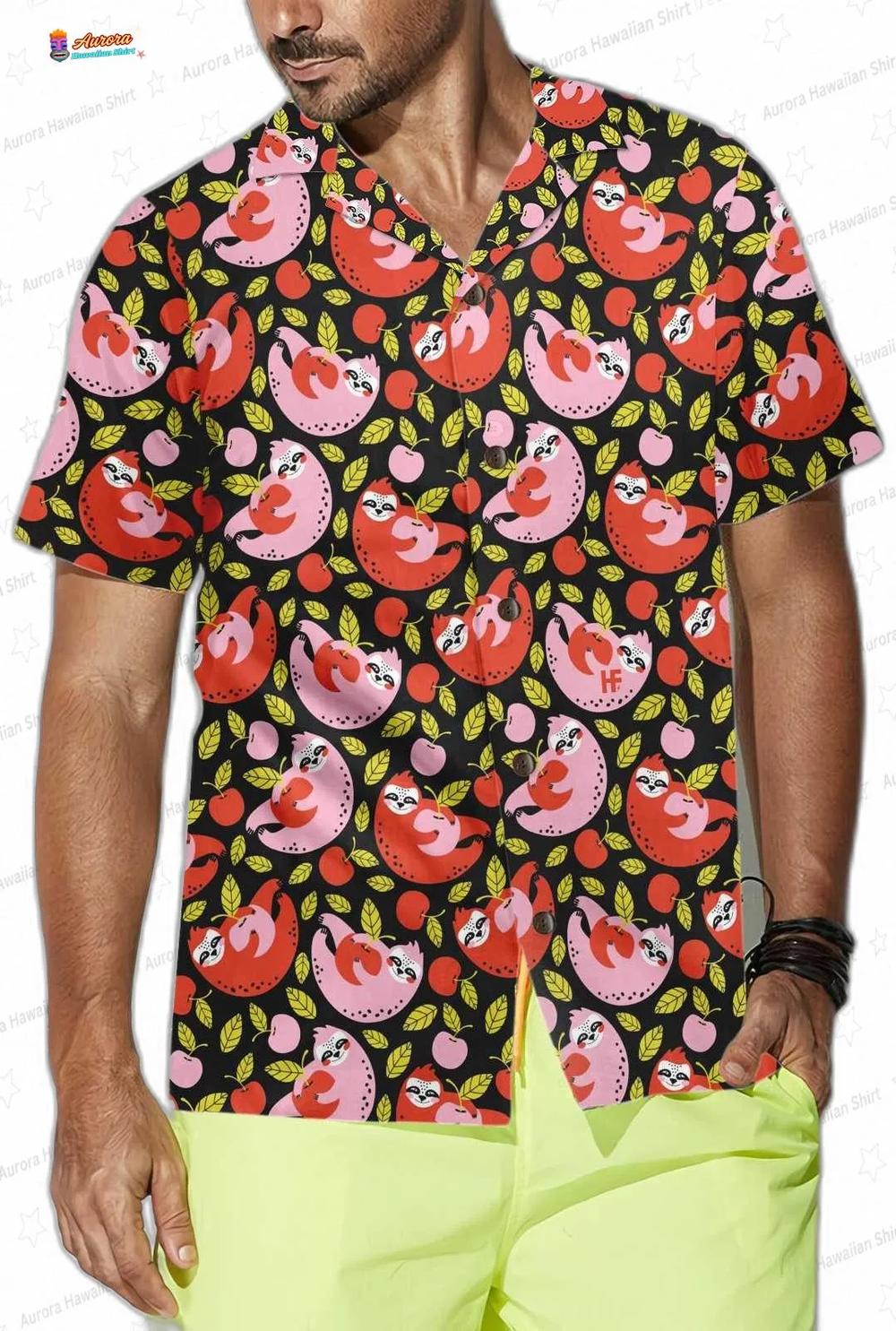 Cherry Grove Sloth Hawaiian Shirt, Black Fruit Pattern Aloha Button-Up for Animal Lover Gift Cherry Grove Sloth Hawaiian Shirt, Black Fruit Pattern Aloha Button-Up for Animal Lover Gift