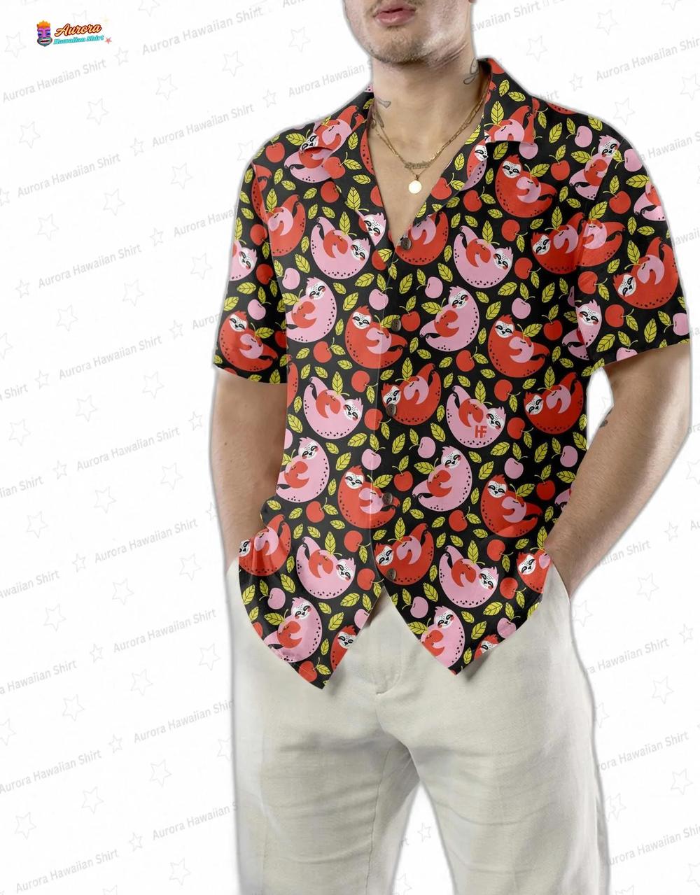 Cherry Grove Sloth Hawaiian Shirt, Black Fruit Pattern Aloha Button-Up for Animal Lover Gift Cherry Grove Sloth Hawaiian Shirt, Black Fruit Pattern Aloha Button-Up for Animal Lover Gift