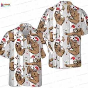 Santa Lights Sloth Hawaiian Shirt, Grey Christmas Animal Aloha Button-Up for Holiday Gift