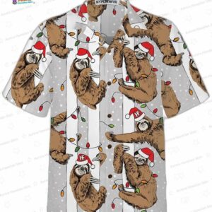 Funny Sloth In Santa Hat Grey Christmas Hawaiian Shirt Best Christmas Sloth Hawaiian Shirt For Sloth 2