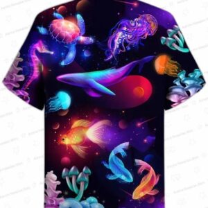 Galaxy Universe Fishes Whale Turtle Golden Fish Sea Creature Neon Glow Trendy Hawaiian Shirt 3D Summ 1