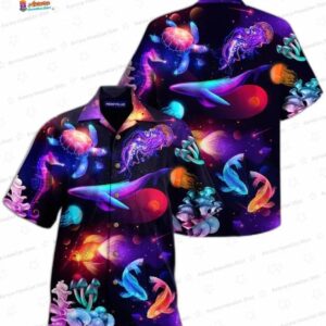 Galaxy Universe Fishes Whale Turtle Golden Fish Sea Creature Neon Glow Trendy Hawaiian Shirt 3D Summ 2