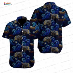 Night Ocean Turtle Hawaiian Shirt, Embroidery Art Aloha Button-Up for Marine Life Vacation Gift
