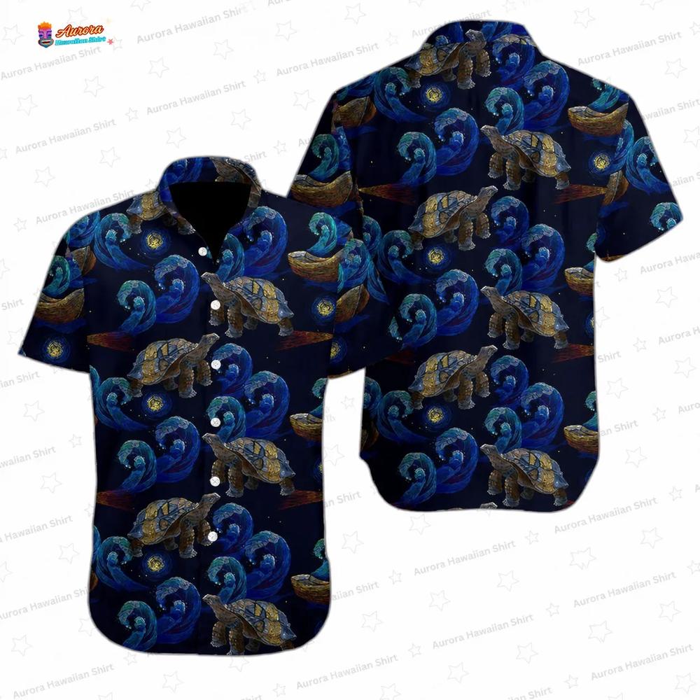 Night Ocean Turtle Hawaiian Shirt, Embroidery Art Aloha Button-Up for Marine Life Vacation Gift Night Ocean Turtle Hawaiian Shirt, Embroidery Art Aloha Button-Up for Marine Life Vacation Gift
