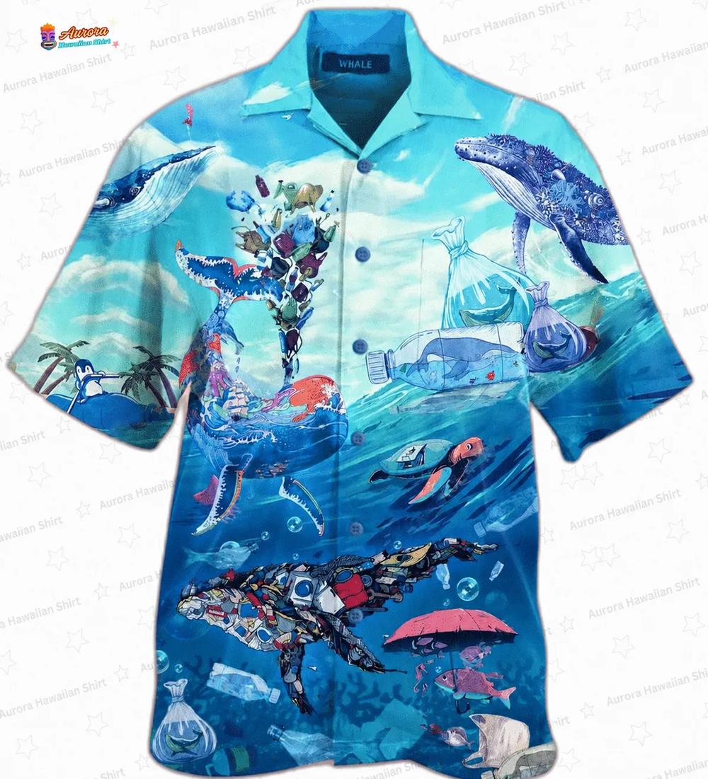 Save The Ocean Turtle Hawaiian Shirt with Whale Sea Life Art for Beach Lovers Save The Ocean Turtle Hawaiian Shirt with Whale Sea Life Art for Beach Lovers