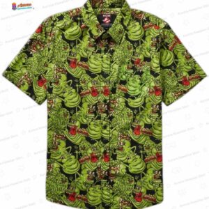 Green Slimer Ghostbusters Hawaiian Shirt, Black Spooky Movie Aloha Button-Up for Halloween Fan Gift