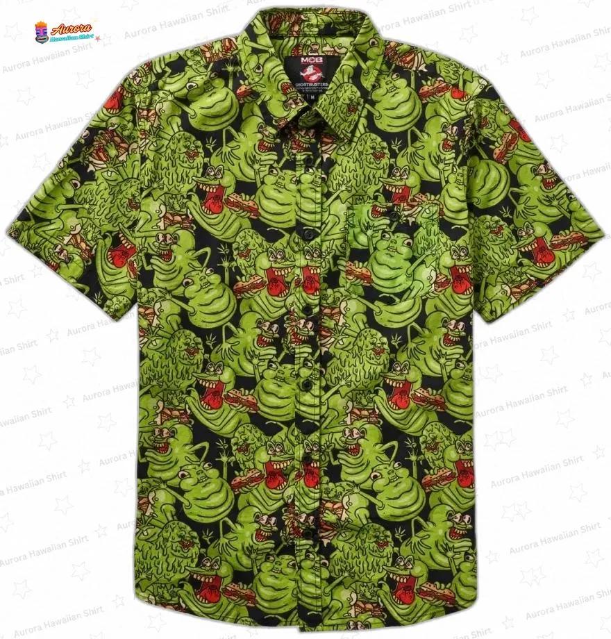 Green Slimer Ghostbusters Hawaiian Shirt, Black Spooky Movie Aloha Button-Up for Halloween Fan Gift Green Slimer Ghostbusters Hawaiian Shirt, Black Spooky Movie Aloha Button-Up for Halloween Fan Gift