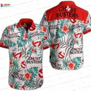 Floral Logo Ghostbusters Hawaiian Shirt, White Red Tropical Movie Aloha Button-Up for Halloween Gift
