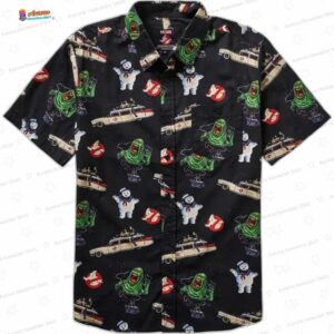 Black Ghostbusters Hawaiian Shirt with Slimer and Ecto Car Print