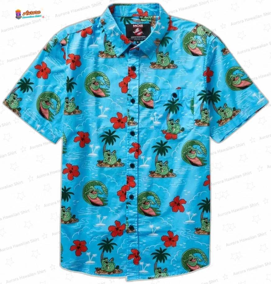 Summer Slimer Ghostbusters Hawaiian Shirt, Blue Tropical Movie Aloha Button-Up for Beach Vacation Gift Summer Slimer Ghostbusters Hawaiian Shirt, Blue Tropical Movie Aloha Button-Up for Beach Vacation Gift