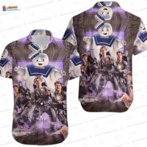 Vintage Stay Puft Ghostbusters Hawaiian Shirt, Short Sleeve Retro Movie Aloha Button-Up for Halloween Gift