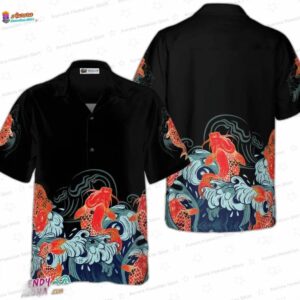 Golden Koi Fish Hawaiian Shirt with Black Wave Print for Summer Gifts