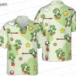 Green Yoshi Mario Hawaiian Shirt, Cute Gamer Aloha Shirt and Shorts Set for Family Vacation Gift