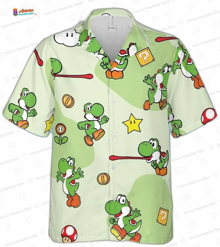 Green Yoshi Mario Hawaiian Shirt, Cute Gamer Aloha Shirt and Shorts Set for Family Vacation Gift Green Yoshi Mario Hawaiian Shirt, Cute Gamer Aloha Shirt and Shorts Set for Family Vacation Gift