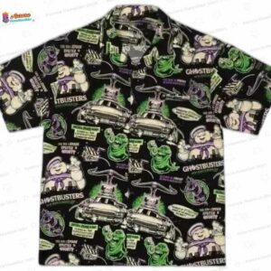 Slimer Camp Ghostbusters Hawaiian Shirt, Black Halloween Movie Aloha Button-Up for Fan Gift