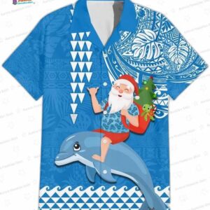Christmas Santa Riding Dolphin Hawaiian Shirt – Funny Mele Kalikimaka Beach Gift