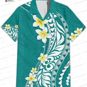 Trendy Vintage Teal Plumeria Tribal Hawaiian Shirt