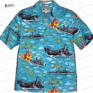 World War II Battleships Turquoise Hawaiian Shirt