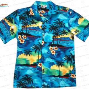 Hawaiian Sunset Blue Hawaiian Shirt with Palm Tree Beach Print