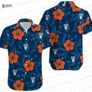 Custom Logo Hibiscus Navy Hawaiian Shirt, Orange Bloom Resort Button-Up