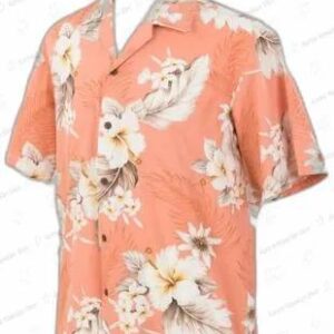 Hibiscus Print Cotton Peach Aloha Shirt 1