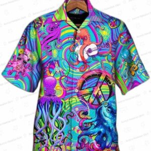 Colorful Tie Dye Octopus Hawaiian Shirt, Hippie Peace Aloha Button-Up for Festival Vacation Gift