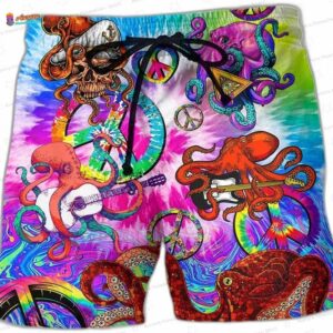 Colorful Hippie Octopus Hawaiian Beach Shorts with Tie Dye Art for Beach Parties