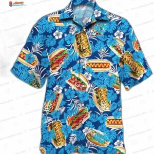 Funny Hot Dog Lovers Blue Floral Hawaiian Shirt for BBQ Parties