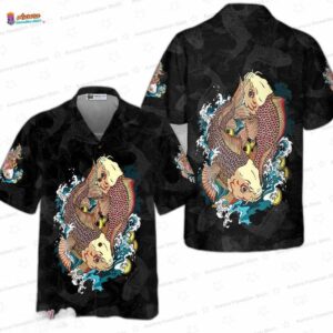 Japanese Carp Koi Fish Hawaiian Shirt with Gold Wave Artwork