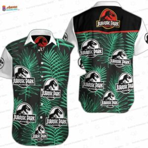 Green Palm Symbol Jurassic Park Hawaiian Shirt, Movie Fan Aloha Button-Up for Theme Park Vacation Gift