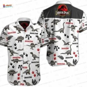 Black White Jurassic Park Hawaiian Shirt for Dinosaur Movie Fans – Casual Short Sleeve Aloha Button-Up