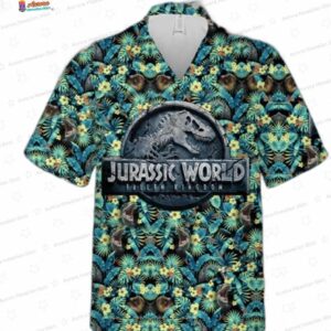 Tropical Dinosaur Emblem Jurassic Park Hawaiian Shirt, Jungle Movie Aloha Button-Up for Fan Vacation Gift